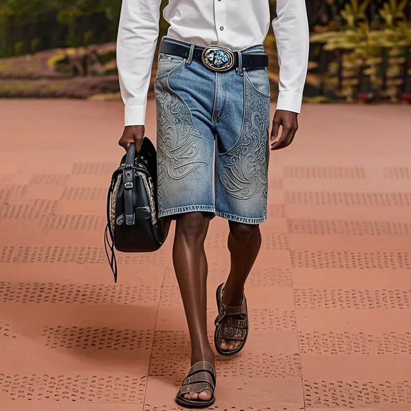 Men'S Fashion Retro Embroidered Straight Denim Shorts MTA0937E8Z sold by Manly product image thumbnail 3