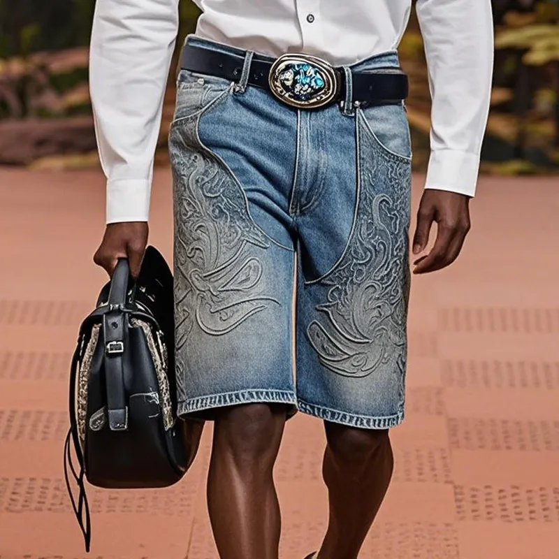 Men'S Fashion Retro Embroidered Straight Denim Shorts MTA0937E8Z sold by Manly product image thumbnail 2