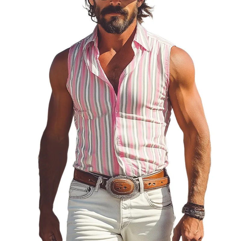 Men's Spring And Summer Fashion Casual Retro Western Cowboy Style Cotton Blend Vertical Striped Slim Sleeveless Shirt MTA1037E6K sold by Manly