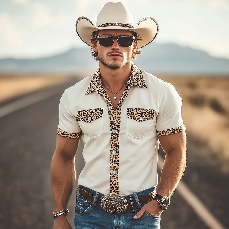 Men's Spring And Summer Classic Casual Retro Western Cowboy Style Cotton Blended Stitching Leopard Print Slim Short-Sleeved Shirt MTA1030E6K sold by Manly product image thumbnail 2