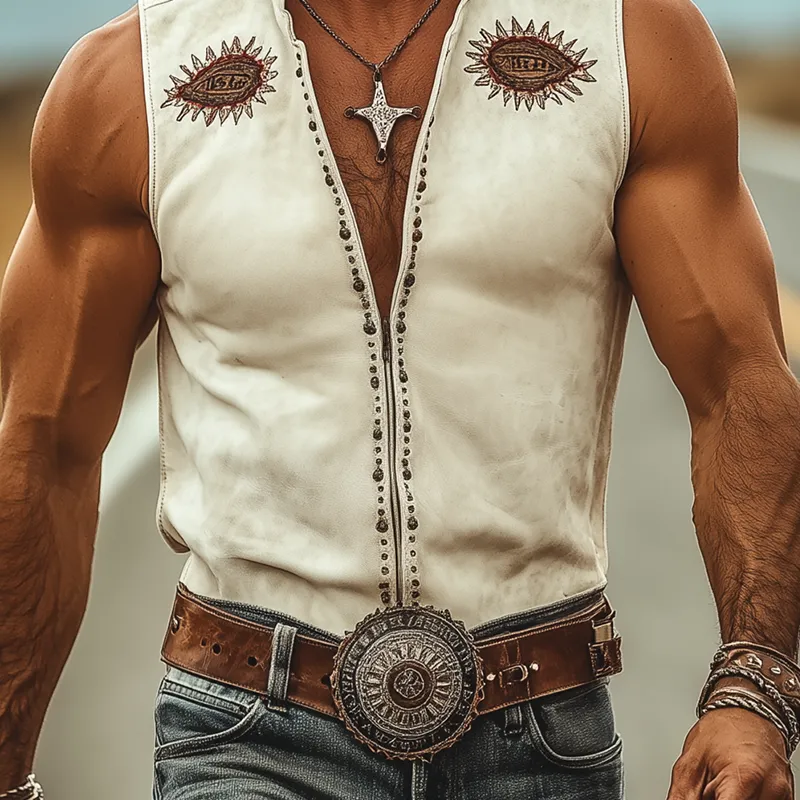 Men's Spring And Summer Fashion Casual Retro Western Cowboy Style Velvet Embroidery Rivet Decoration Zipper Suede Slim Sleeveless Shirt MTA1034E6K sold by Manly product image thumbnail 5