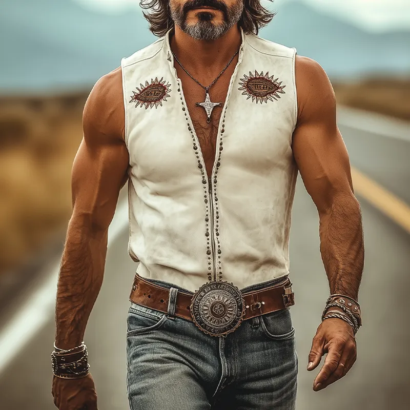 Men's Spring And Summer Fashion Casual Retro Western Cowboy Style Velvet Embroidery Rivet Decoration Zipper Suede Slim Sleeveless Shirt MTA1034E6K sold by Manly product image thumbnail 4