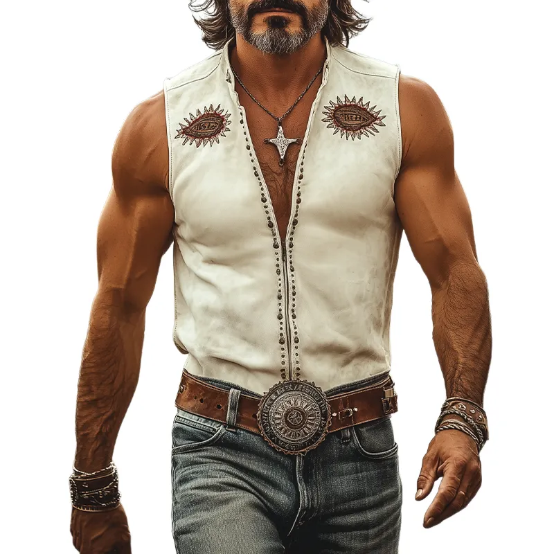 Men's Spring And Summer Fashion Casual Retro Western Cowboy Style Velvet Embroidery Rivet Decoration Zipper Suede Slim Sleeveless Shirt MTA1034E6K sold by Manly