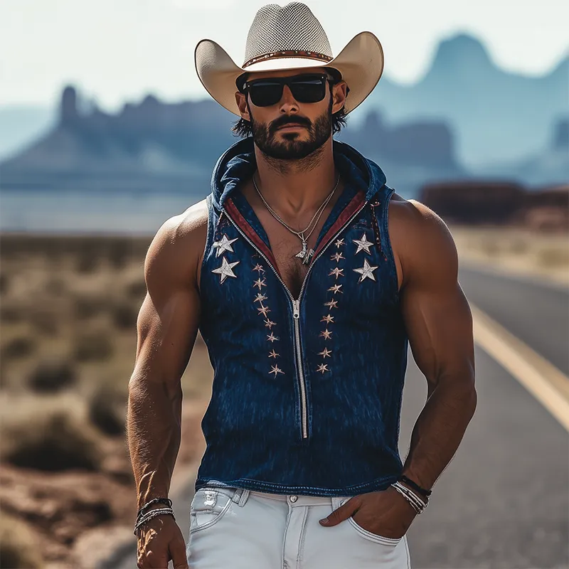 Men's Spring And Summer Fashion Casual Retro Western Cowboy Style Denim Embroidery Deep V Neck Zipper Slim Fit Hooded Tank Top MTA0929E0K sold by Manly product image thumbnail 2
