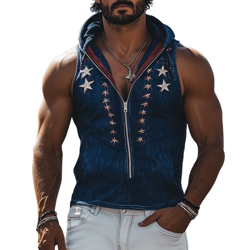 Men's Spring And Summer Fashion Casual Retro Western Cowboy Style Denim Embroidery Deep V Neck Zipper Slim Fit Hooded Tank Top MTA0929E0K sold by Manly