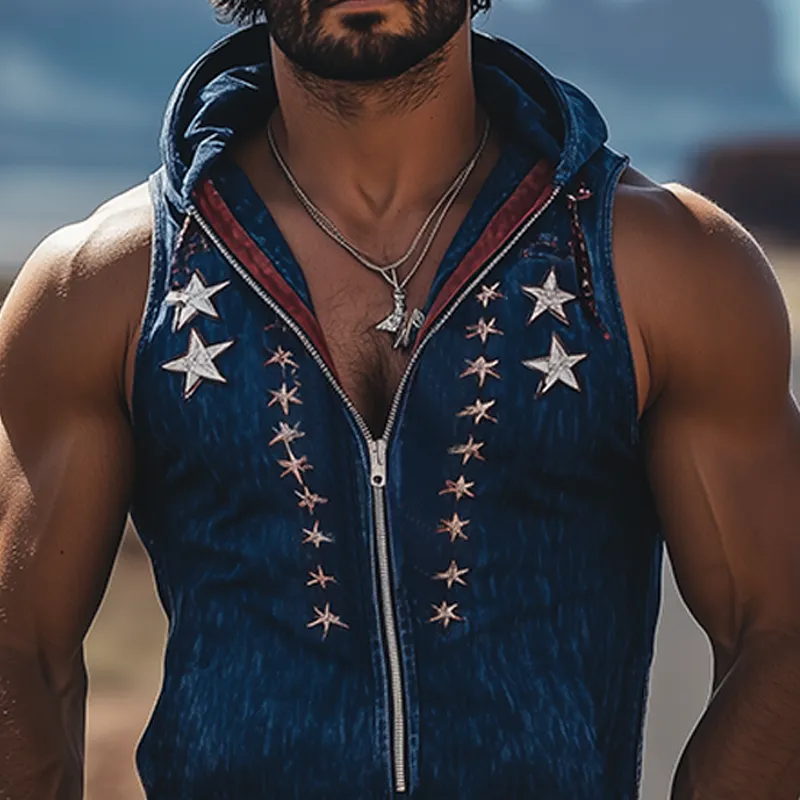 Men's Spring And Summer Fashion Casual Retro Western Cowboy Style Denim Embroidery Deep V Neck Zipper Slim Fit Hooded Tank Top MTA0929E0K sold by Manly product image thumbnail 4