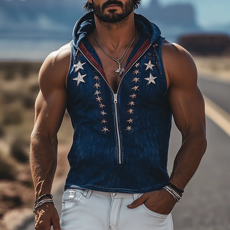 Men's Spring And Summer Fashion Casual Retro Western Cowboy Style Denim Embroidery Deep V Neck Zipper Slim Fit Hooded Tank Top MTA0929E0K sold by Manly product image thumbnail 3