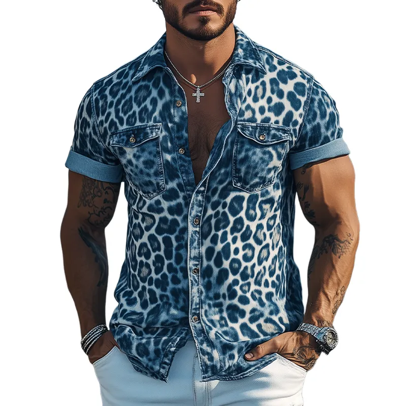 Men's Spring And Summer Fashion Casual Retro Western Cowboy Style Leopard Denim Print Slim Fit Short Sleeve Shirt MTA0975E8K sold by Manly