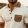Men's Spring And Summer Fashion Casual Retro Western Cowboy Style Suede Stitching Leopard Print Short-Sleeved Polo Shirt MTA0821E1K sold by Manly