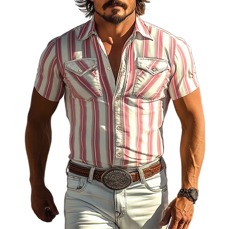 Men's Spring And Summer Fashion Casual Retro Western Cowboy Style Vertical Stripes Print Slim Fit Short Sleeve Shirt MTA2863D8K sold by Manly