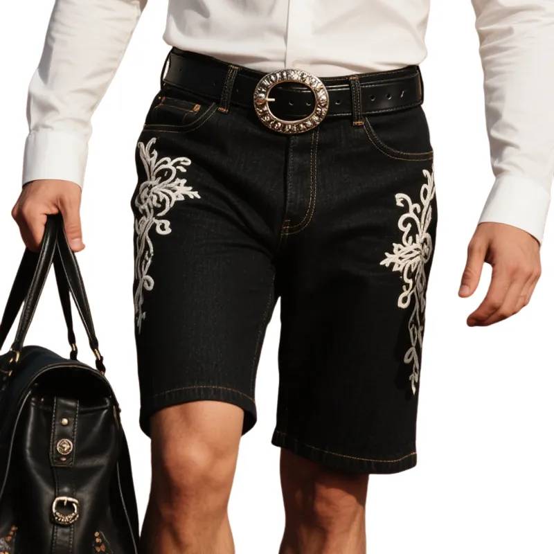 Men'S Fashion Retro Embroidered Straight Denim Shorts MTA0970E9Z sold by Manly