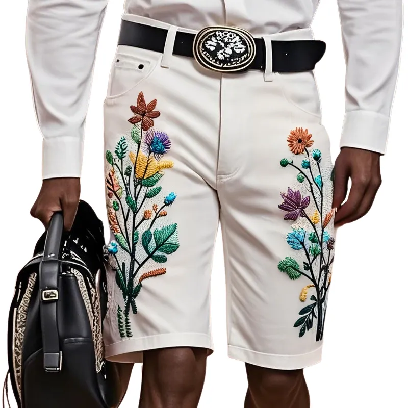 Men'S Fashion Retro Embroidered Straight Denim Shorts MTA0940E9Z sold by Manly