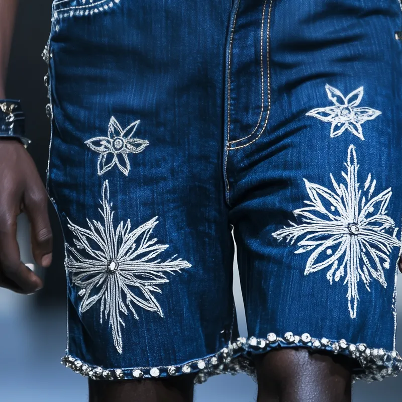 Men'S Fashion Embroidered Rhinestones Decor Straight Denim Shorts MTA0929E9Z sold by Manly product image thumbnail 3