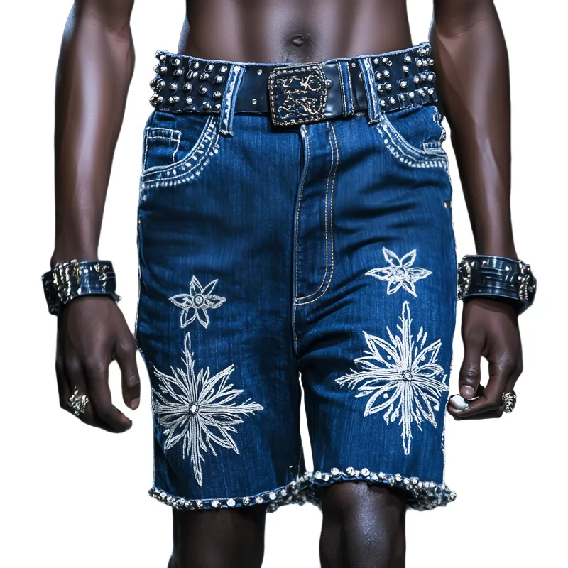 Men'S Fashion Embroidered Rhinestones Decor Straight Denim Shorts MTA0929E9Z sold by Manly