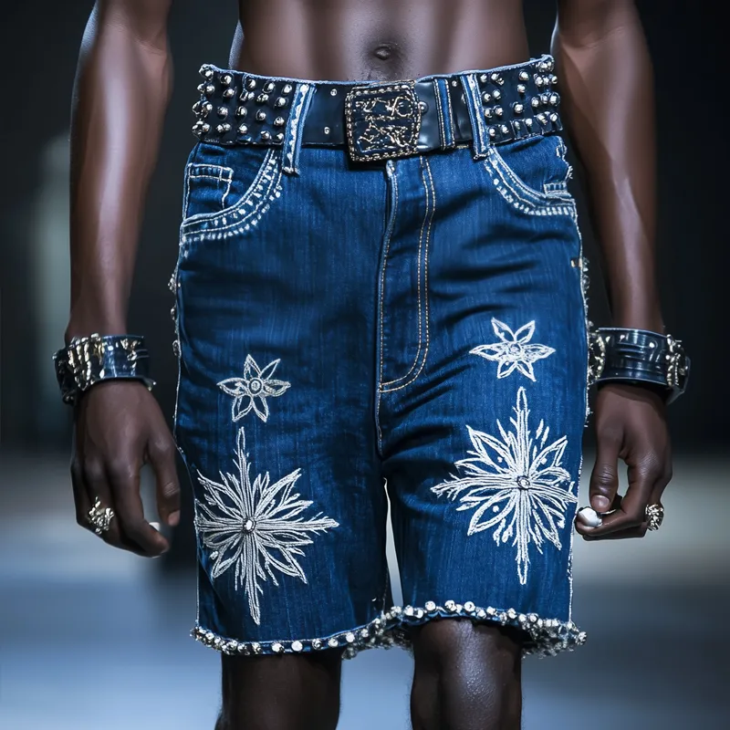 Men'S Fashion Embroidered Rhinestones Decor Straight Denim Shorts MTA0929E9Z sold by Manly product image thumbnail 2