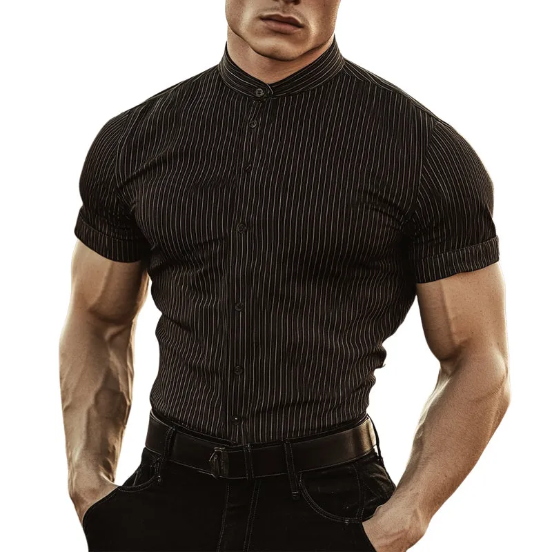 Men'S Striped Stand Collar Short Sleeve Cotton Blend Shirt MTA1081E0X sold by Manly