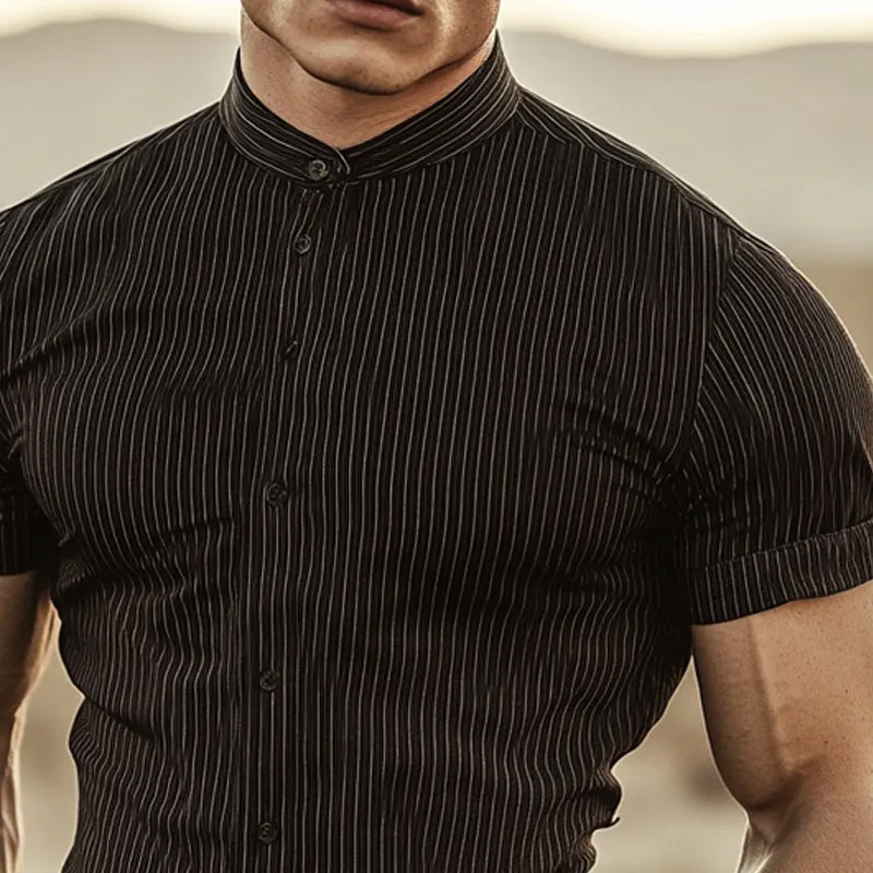 Men'S Striped Stand Collar Short Sleeve Cotton Blend Shirt MTA1081E0X sold by Manly product image thumbnail 3