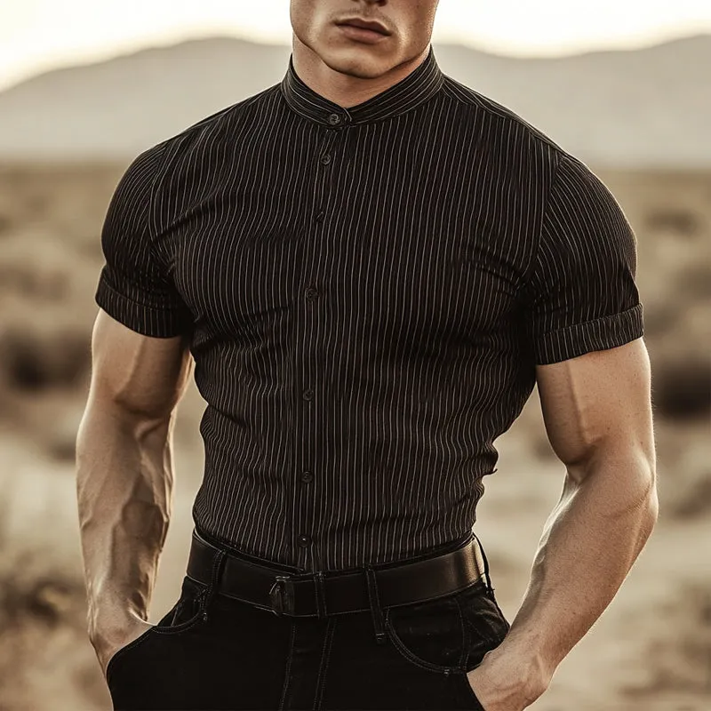 Men'S Striped Stand Collar Short Sleeve Cotton Blend Shirt MTA1081E0X sold by Manly product image thumbnail 2