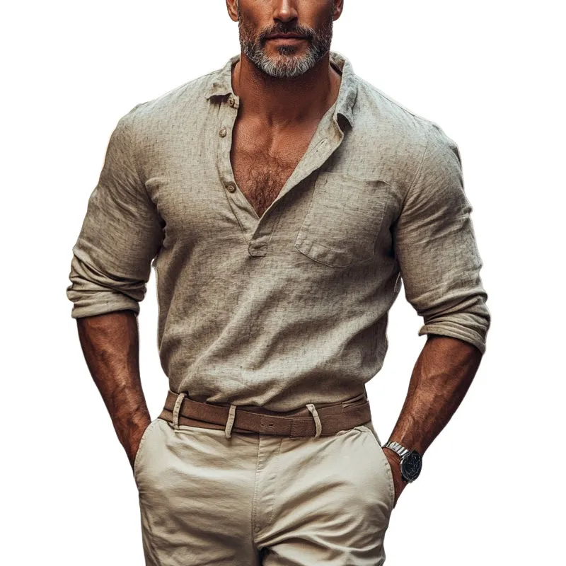 Men'S Cotton And Linen Long Sleeve Pullover Shirt MTA1073E3X sold by Manly