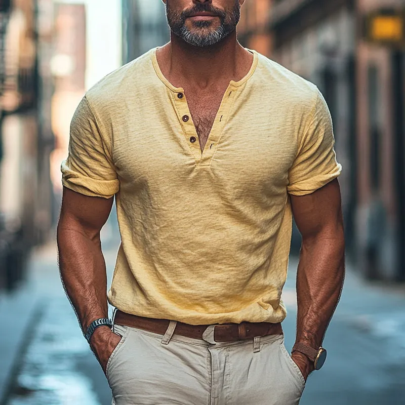 Men'S Solid Color Cotton And Linen Henry Collar Short Sleeve T-Shirt MTA1011E6X sold by Manly product image thumbnail 2