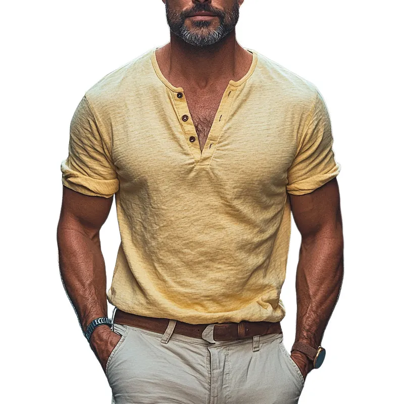 Men'S Solid Color Cotton And Linen Henry Collar Short Sleeve T-Shirt MTA1011E6X sold by Manly
