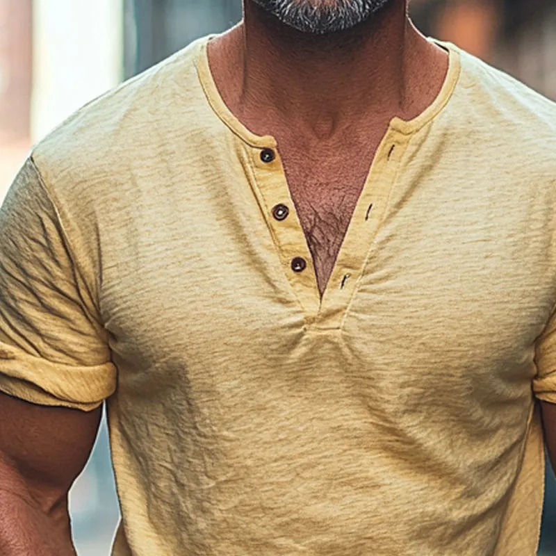 Men'S Solid Color Cotton And Linen Henry Collar Short Sleeve T-Shirt MTA1011E6X sold by Manly product image thumbnail 3