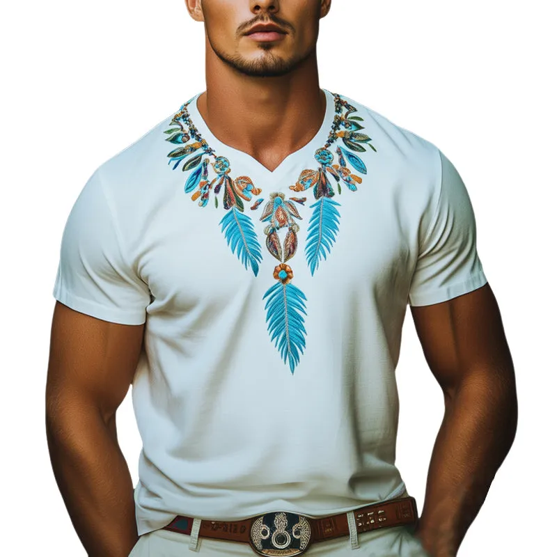 Men's Summer Indian Style Embroidered Short Sleeve T-Shirt MTA1015E2U sold by Manly