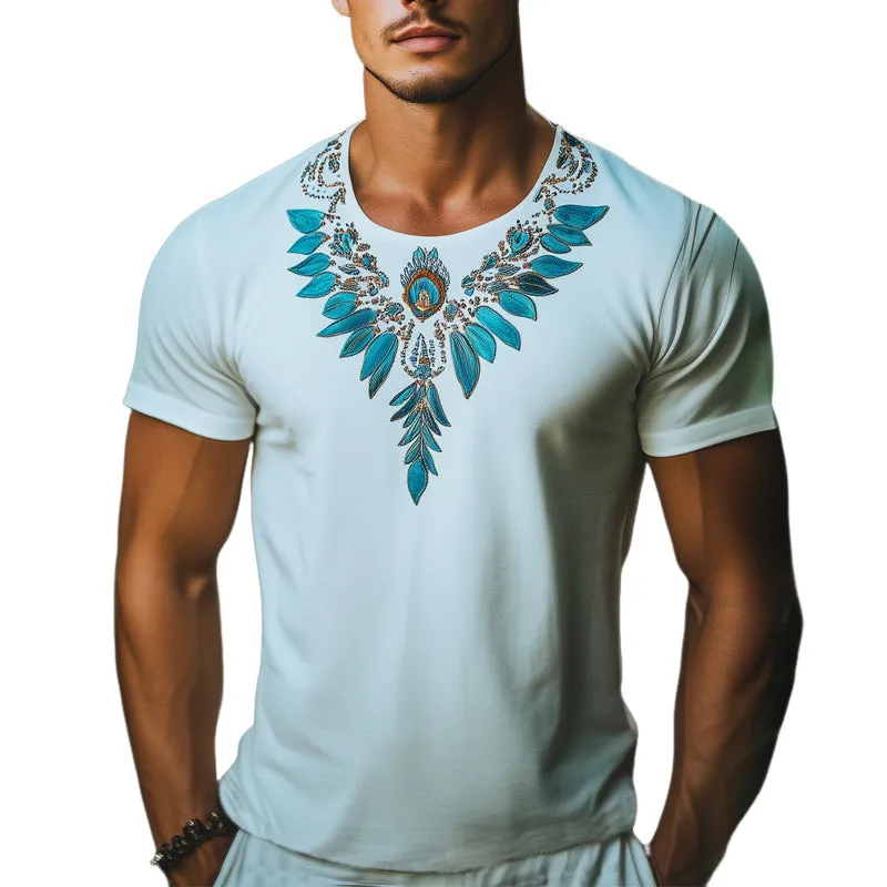 Men's Summer Indian Style Embroidered Short Sleeve T-Shirt MTA1057E8U sold by Manly