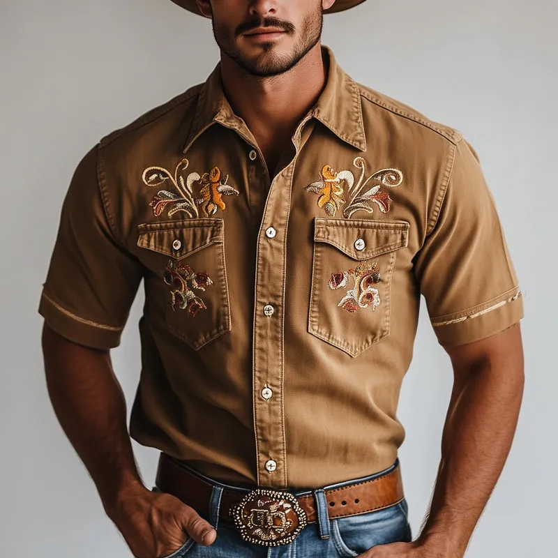 Men's Western Cowboy Style Vintage Embroidered Denim Short Sleeve Shirt MTA0967E6U sold by Manly product image thumbnail 2