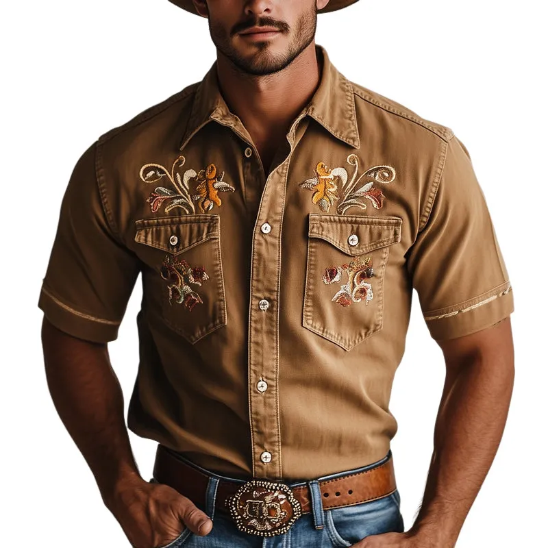 Men's Western Cowboy Style Vintage Embroidered Denim Short Sleeve Shirt MTA0967E6U sold by Manly