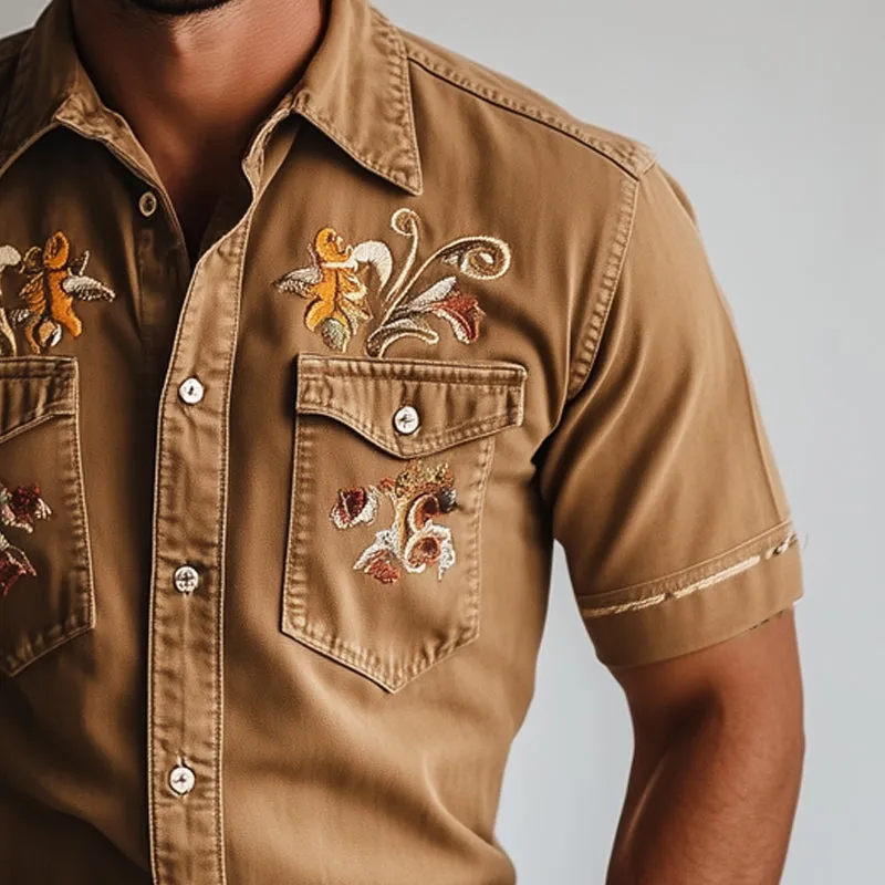 Men's Western Cowboy Style Vintage Embroidered Denim Short Sleeve Shirt MTA0967E6U sold by Manly product image thumbnail 3