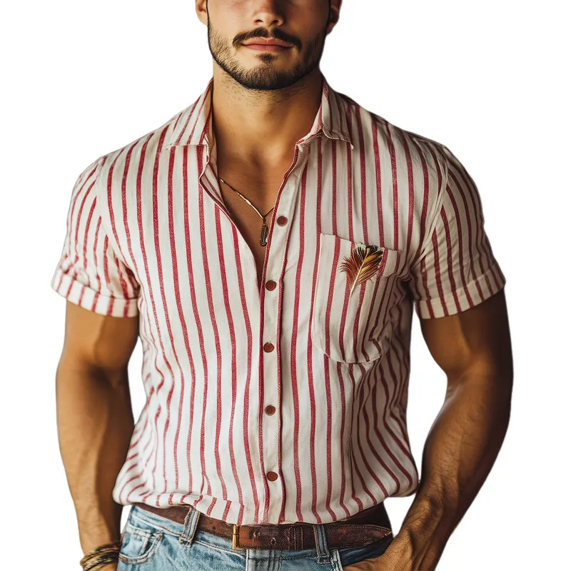Men's Red Vertical Stripe Embroidered Short Sleeve Shirt MTA1045E5U sold by Manly