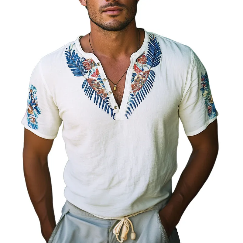 Men's Summer V-Neck Exquisite Embroidery Short Sleeve T-Shirt MTA1037E6U sold by Manly