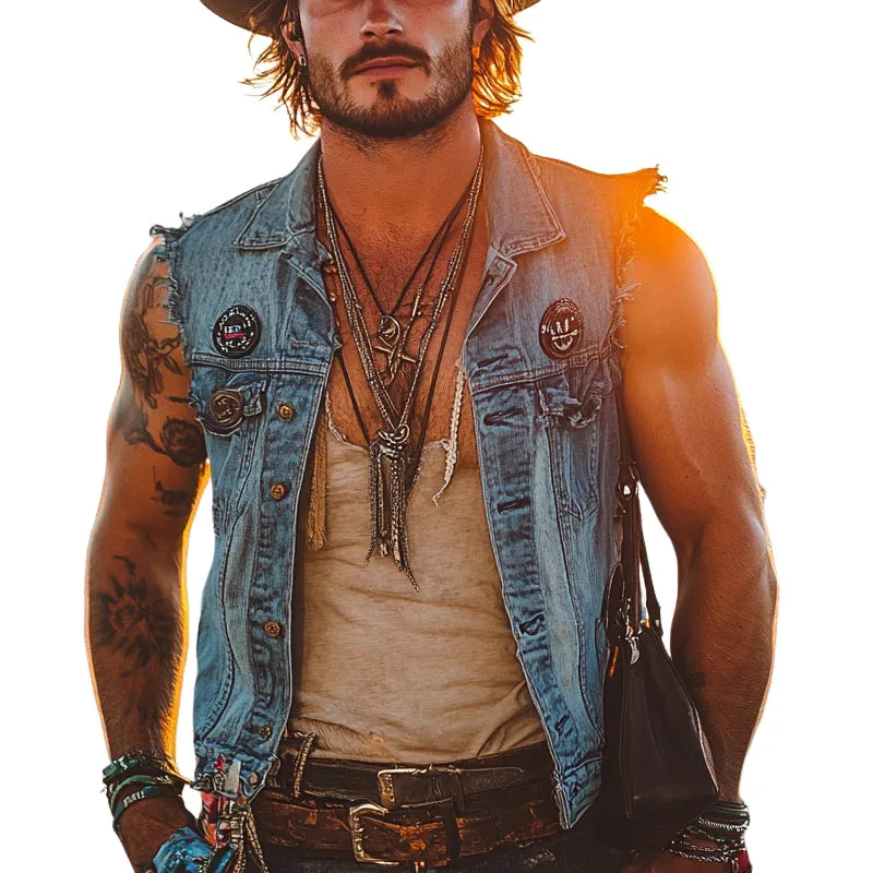 Men'S Vintage Distressed Western Cowboy Style Lapel Denim Vest MTA0984E5X sold by Manly