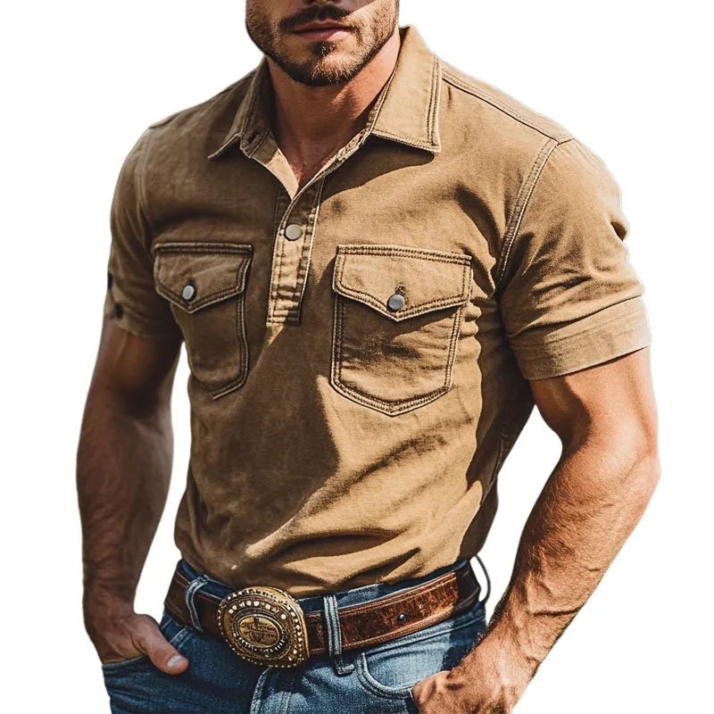 Men'S Cotton Solid Color Casual Multi-Pocket Short Sleeve Shirt MTA0975E8X sold by Manly