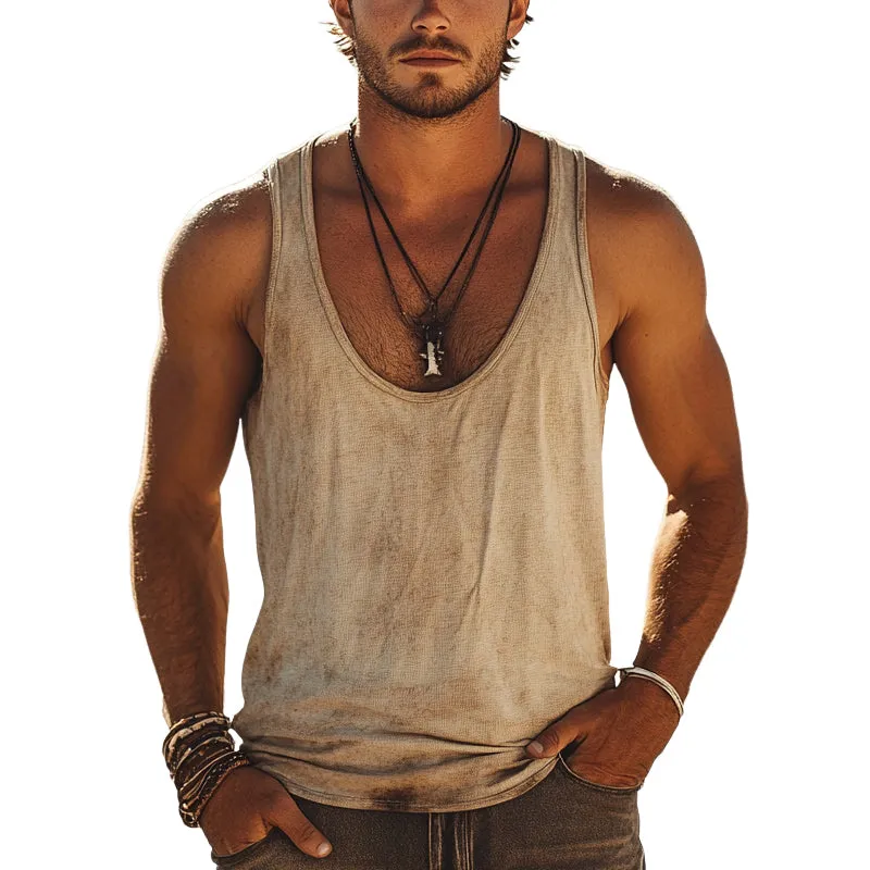 Men'S Vintage Distressed Printed Crew Neck Tank Tops MTA1086E1X sold by Manly