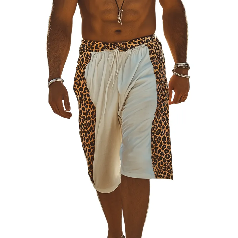Men's Spring And Summer Casual Fashion Cotton And Linen Splicing Leopard Print Elastic Waist Loose Shorts MTA1394E2K sold by Manly