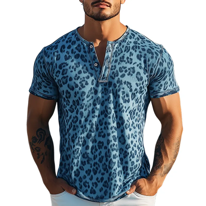 Men's Spring And Summer Fashion Casual Western Cowboy Style Cotton Blended Printed Leopard Henley Collar Short Sleeve T-Shirt MTA1392E3K sold by Manly