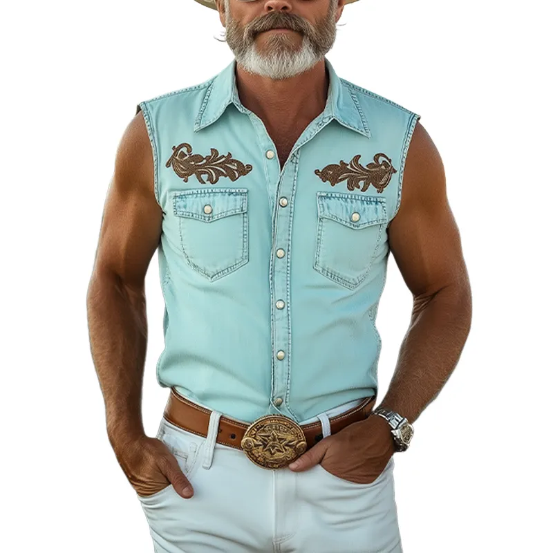 Men's Spring And Summer Fashion Casual Western Cowboy Style Washed Tencel Denim Embroidery Slim Sleeveless Shirt MTA1223E6K sold by Manly