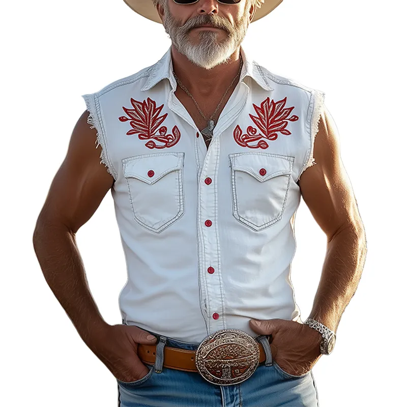 Men's Spring And Summer Fashion Casual Western Cowboy Style Washed White Tencel Denim Red Embroidery Slim Sleeveless Shirt MTA1223E2K sold by Manly