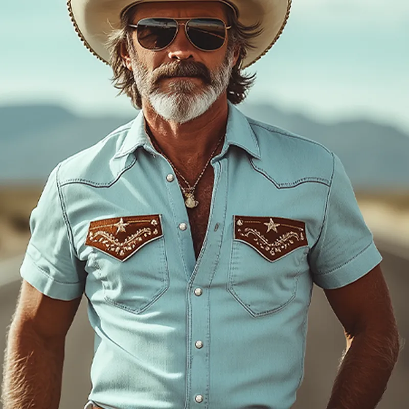 Men's Spring And Summer Fashion Casual Western Cowboy Style Washed Tencel Denim Pocket Cover Embroidery Slim Fit Short Sleeve Shirt MTA1292E2K sold by Manly product image thumbnail 4