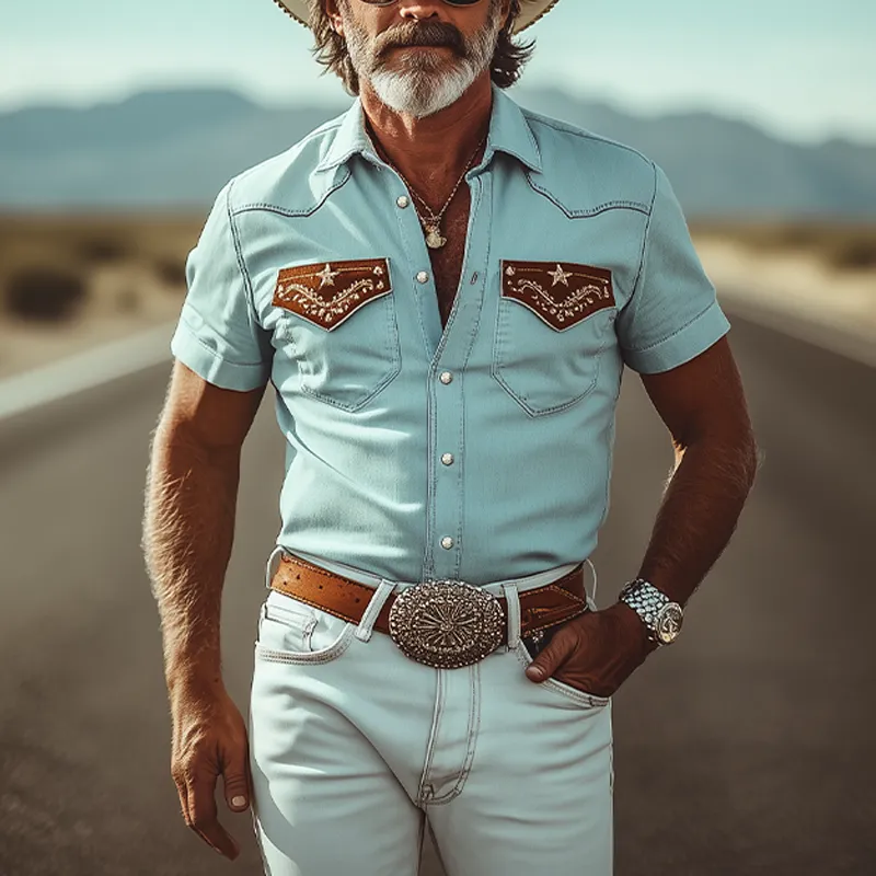 Men's Spring And Summer Fashion Casual Western Cowboy Style Washed Tencel Denim Pocket Cover Embroidery Slim Fit Short Sleeve Shirt MTA1292E2K sold by Manly product image thumbnail 3