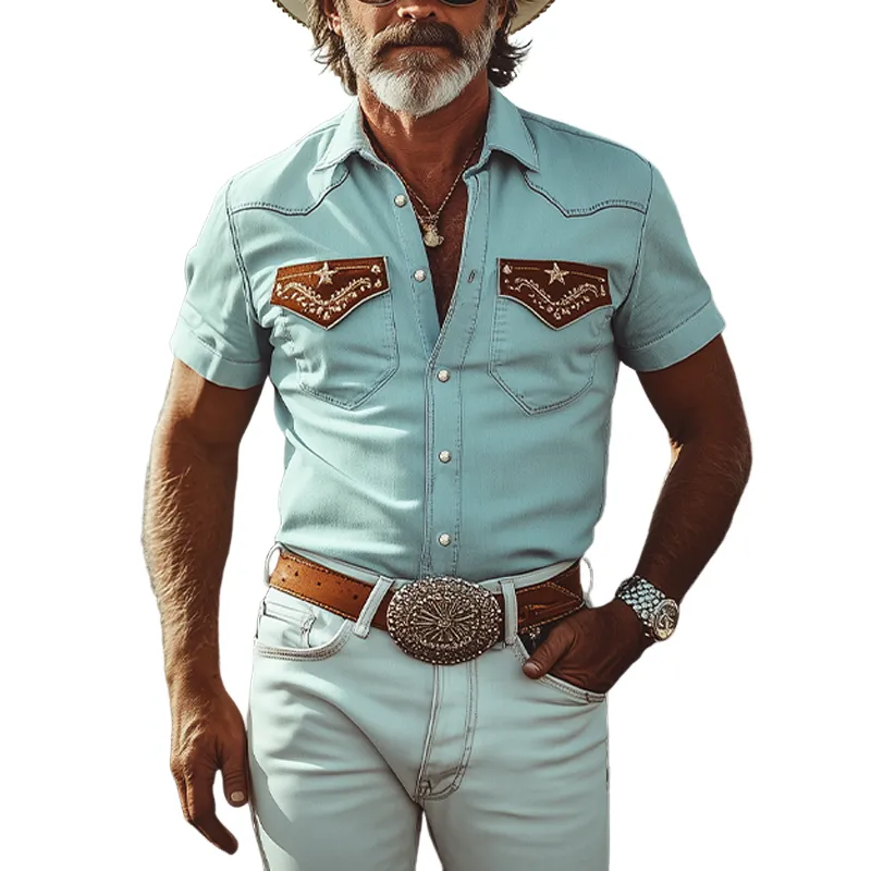 Men's Spring And Summer Fashion Casual Western Cowboy Style Washed Tencel Denim Pocket Cover Embroidery Slim Fit Short Sleeve Shirt MTA1292E2K sold by Manly