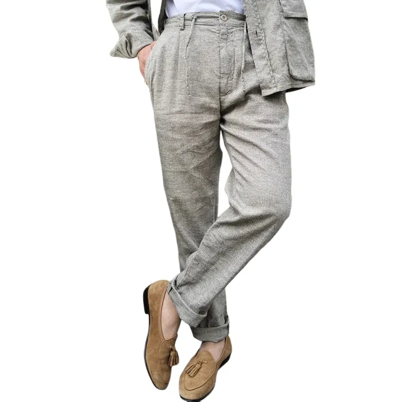 Men's Fashion Cotton And Linen Drawstring Waist Suit Pants MTA1325E3Z sold by Manly