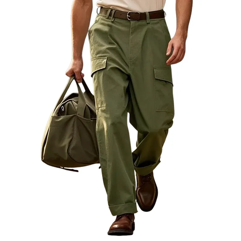 Men's Solid Color Cotton Straight Multi-pocket Cargo Pants MTA0744E9Z sold by Manly