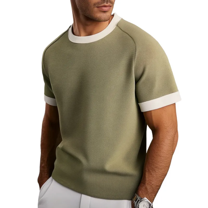 Men's Casual Contrast Color Round Neck Raglan Short Sleeve Slim Fit Knitted Sweater T-Shirt MTA1336E5M sold by Manly