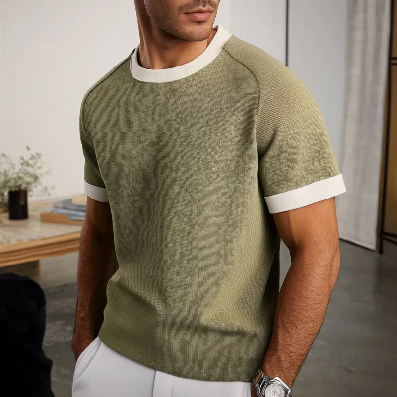 Men's Casual Contrast Color Round Neck Raglan Short Sleeve Slim Fit Knitted Sweater T-Shirt MTA1336E5M sold by Manly product image thumbnail 2