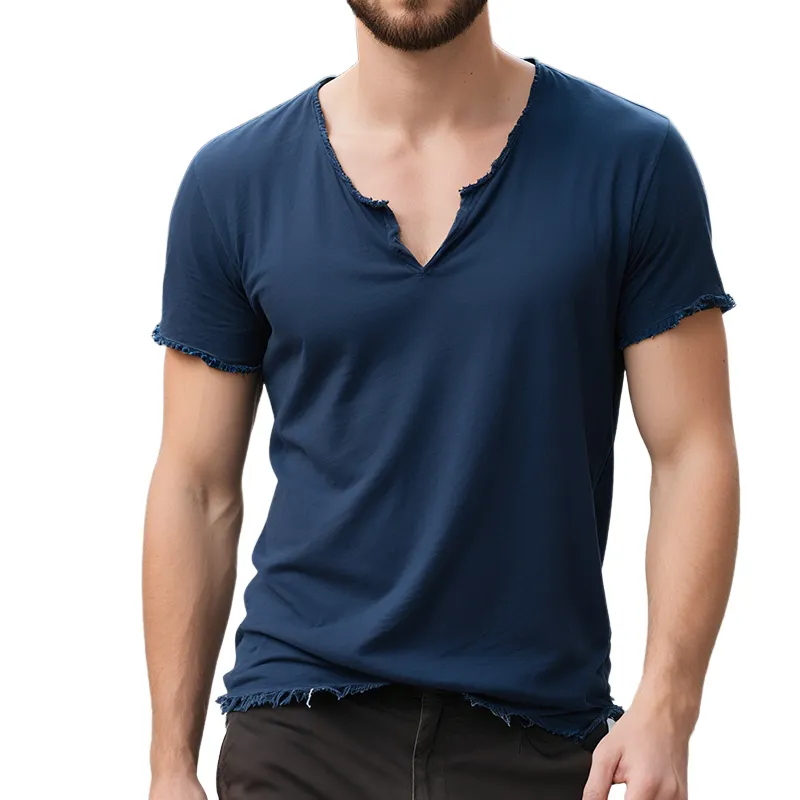 Men'S Retro Casual Solid Color Cotton Ripped V-Neck Short Sleeve T-Shirt MTA1046E4TO sold by Manly