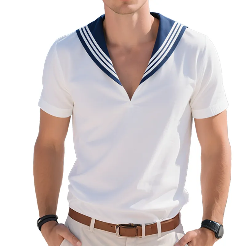 Men'S Vintage Casual Nautical Style Cotton V-Neck Short Sleeve Shirt MTA1016E3TO sold by Manly