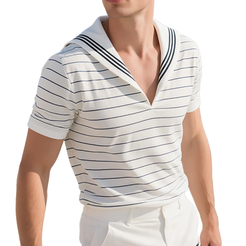 Men'S Retro Casual Nautical Style Striped Print Cotton V-Neck Short Sleeve T-Shirt MTA1009E1TO sold by Manly